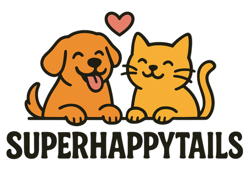 Illustration of a dog and cat with a heart above them and 'SUPERHAPPYTAILS' text below on a white background.